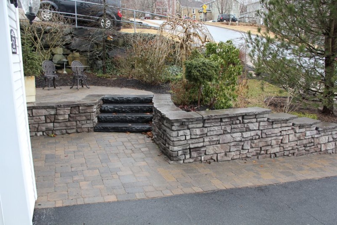 retaining wall, pavers, natural stone step, landscape
